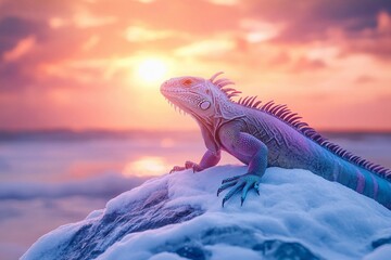 Iguana resting on snow-covered rock under bright sun