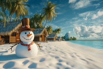 Sandy beach with snowman beside tropical hut scene