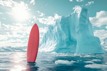 Frozen iceberg with surfboard resting beneath blue sky