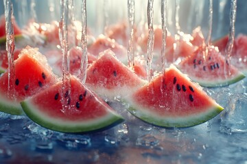 Watermelon slices served on an ice table