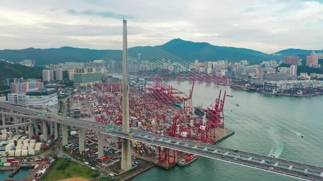 Aerial view of stonecutters bridge and kwai chung container terminals