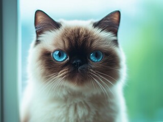 Portrait of a Himalayan cat with striking blue eyes on a bright, neutral background.