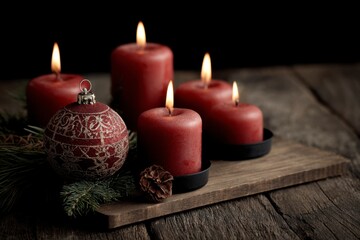 Red Candles and Ornament on Wooden Board