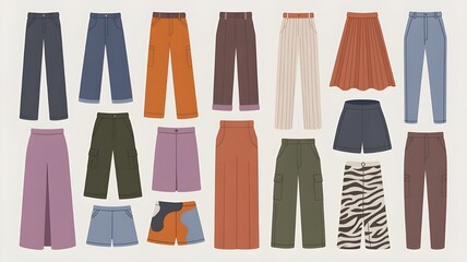 Fototapeta premium Collection of stylish flat lay fashion trousers skirts and shorts isolated on white background