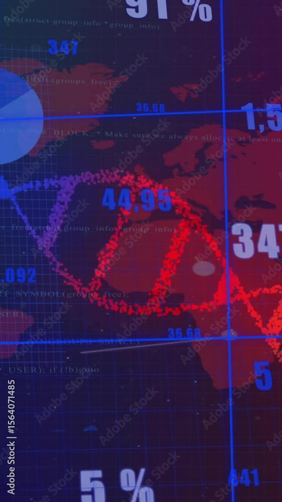 Poster animation of dna strand over data processing and world map on black background