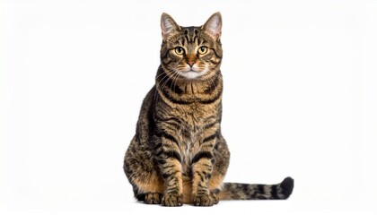 Obraz premium A tabby cat sits calmly against a plain white background.