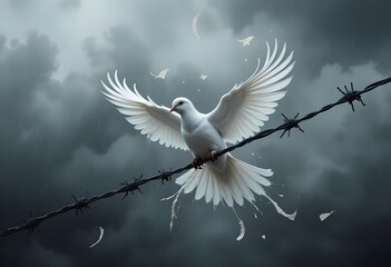 Obraz premium A white dove flying through barbed wire, torn feathers in the air, grey stormy background, high emotional contrast, symbolic peace image.