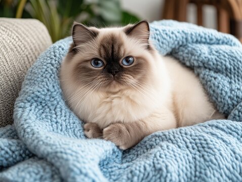 Himalayan cat lying comfortably wrapped in a soft blue knitted blanket, cozy and relaxed.