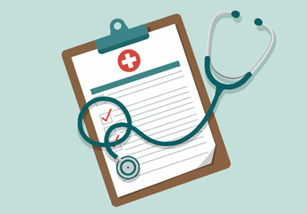 Visual representation of medical care and patient assessment including a stethoscope resting on a document with a checkmark and a medical symbol suggesting health and well-being