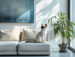 Japanese Bobtail cat sits gracefully on a light sofa in a minimalist, bright interior.