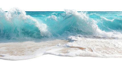 Clear turquoise ocean waves crashing on sandy beach isolated on transparent white background, clipping path