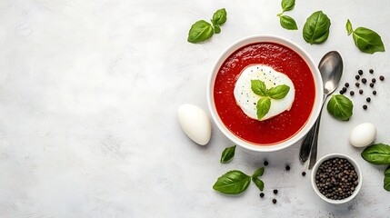 Tomato soup with burrata cheese topped with basil leaves ready to eat on a light background