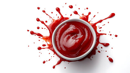 Tomato ketchup in a white bowl with splashes against a clean white background for culinary or food related designs and marketing materials