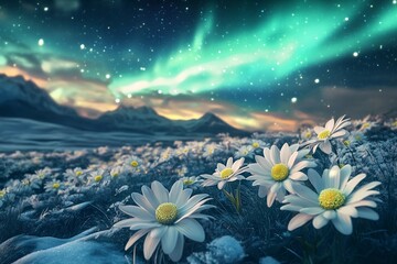 Northern lights shining over wide fields of flowers