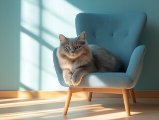 Fluffy gray cat lies comfortably on a soft blue armchair, cozy and relaxed indoors.