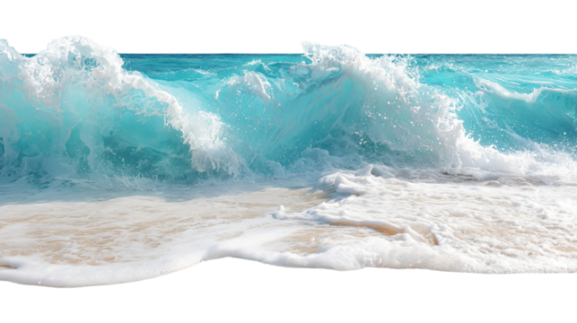 Clear turquoise ocean waves crashing on sandy beach isolated on transparent white background, clipping path