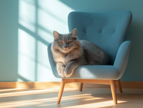Fluffy gray cat lies comfortably on a soft blue armchair, cozy and relaxed indoors.