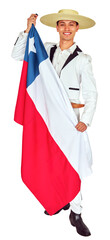 Man in traditional attire holding the chilean flag proudly, Fiestas Patrias celebration 