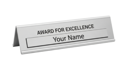 Blank award plaque for customization with placeholder text on metallic stand
