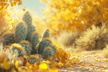 Cacti surrounded by golden autumn leaves in desert