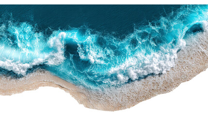 Clear turquoise ocean waves crashing on sandy beach isolated on transparent white background, clipping path