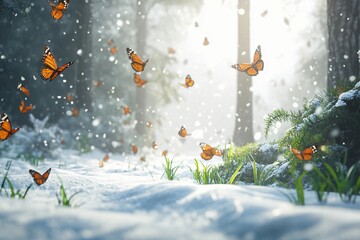 Bright butterflies flutter through quiet snowy forest paths