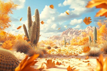 Golden autumn leaves encircle cacti in dry desert land