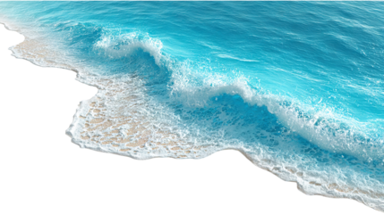 Clear turquoise ocean waves crashing on sandy beach isolated on transparent white background, clipping path