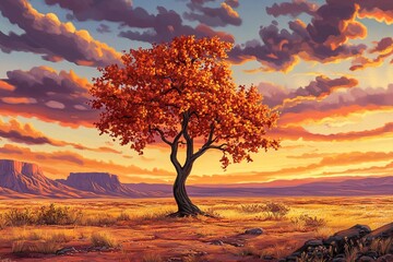 Sky painted with autumn tones above desert sunset