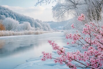 Frozen river with spring flowers blooming along edge