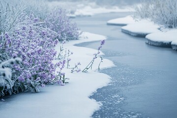 Spring flowers blossoming beside icy frozen river banks