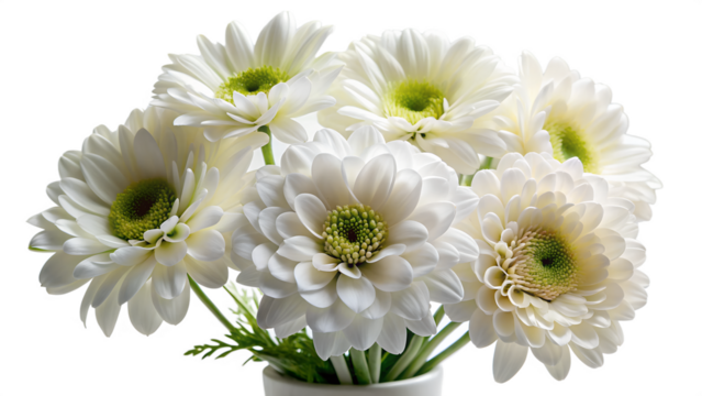 A stunning bouquet of white gerbera daisies is isolated on transparent background, showcasing their delicate petals and fresh appearance