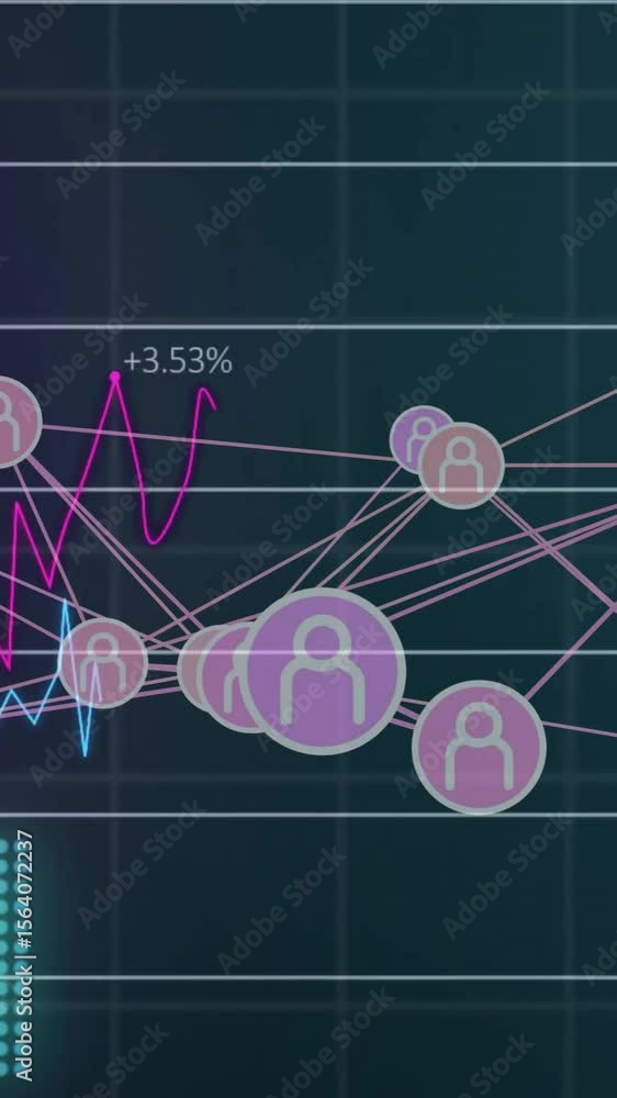 Poster animation of connections with icons and financial data processing over dark background