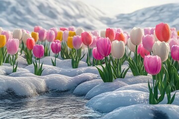 Bright tulips sprouting amid melting snowy patches