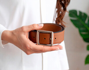 A woman's hand holds a leather belt.