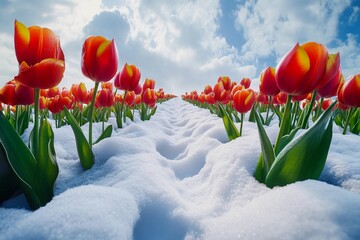 Bright tulips sprouting amid melting snowy patches