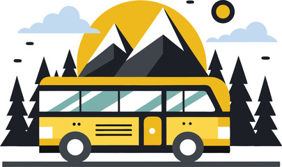 Colorful Vector Graphic of a Yellow Tour Bus amidst Mountains, Trees, and a Bright Sun, Evoking a Sense of Adventure Vector Illustration