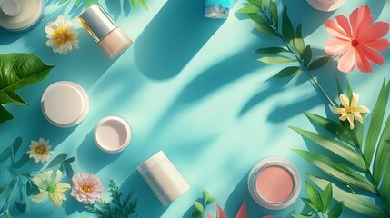 Top view of cosmetic products with tropical leaves and flowers on blue surface summer beauty