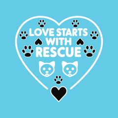 Heart Shaped Design with "Love Starts With Rescue" Text and Animal Paw and Cat Vector Illustration