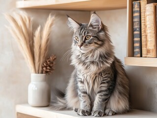 Gray Maine Coon cat sits calmly on a shelf in a cozy boho-style interior with warm tones.