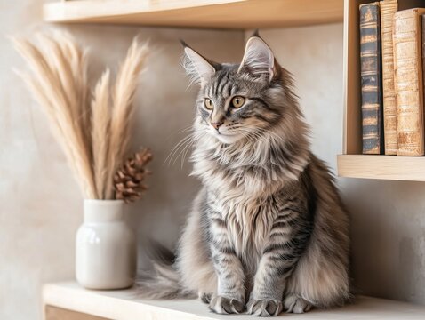 Gray Maine Coon cat sits calmly on a shelf in a cozy boho-style interior with warm tones.
