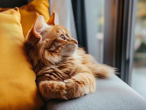 Ginger Maine Coon lies on sofa armrest, gazing peacefully out the window in cozy home.