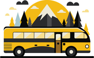 Stylized Retro Bus Against a Mountain Landscape Minimalist Adventure Travel Illustration With Nature Scenes and Geometric Elements Vector Illustration