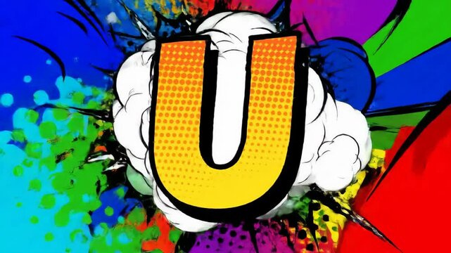 Letter U on splash background; artistic burst with comic effect.