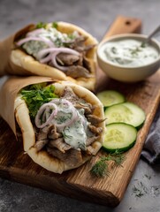 Two meat wraps with white sauce and sliced onions on wooden board.