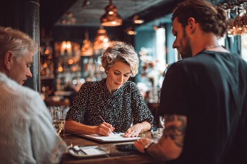 A woman attentively fills out paperwork at a bar, flanked by two men; one observing, the other seemingly assisting.  The setting is a dimly lit, upscale pub with an industrial-chic aesthetic