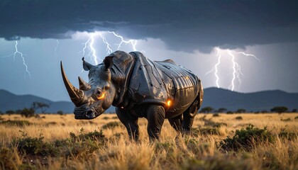 Fototapeta premium A powerful rhino, armored and illuminated, stands defiantly amidst a dramatic African thunderstorm.