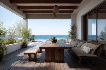 Outdoor Table at the Sea with Bench and Pillows