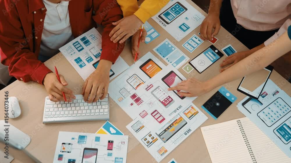 Poster top view panorama video of startup company employee planning on user interface prototype for mobile 