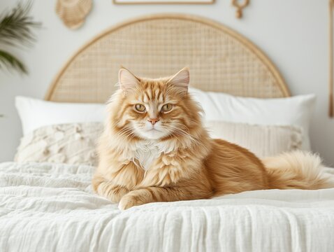 Ginger Maine Coon cat lies relaxed on a bed with crisp white bedding in soft natural light.